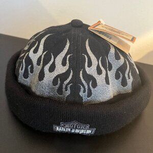 New Black Harley Davidson Beanie Cap with Silver Metallic Flames
